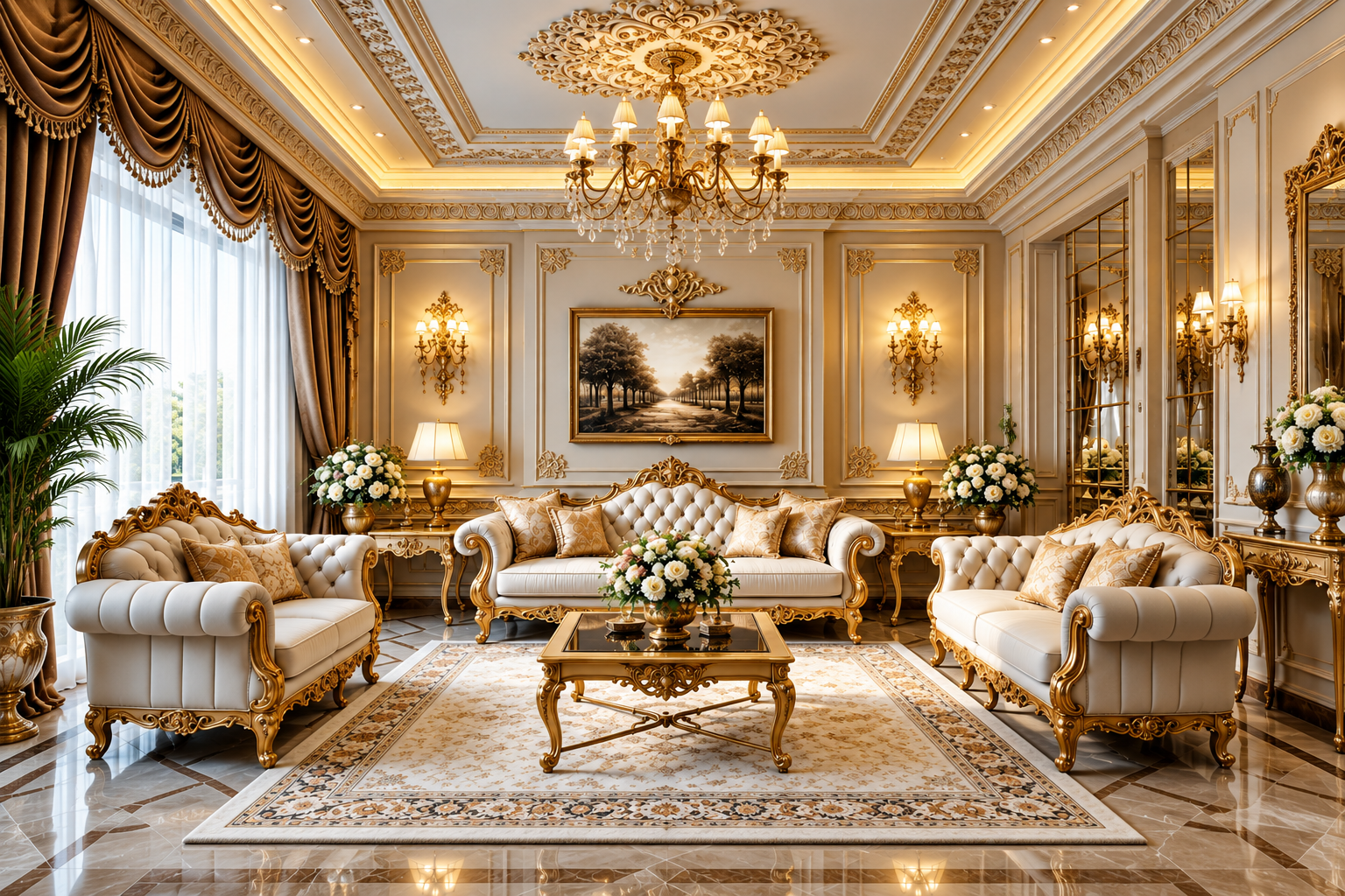 Opulent gold and ivory living room with crystal chandelier and classic tufted sofas